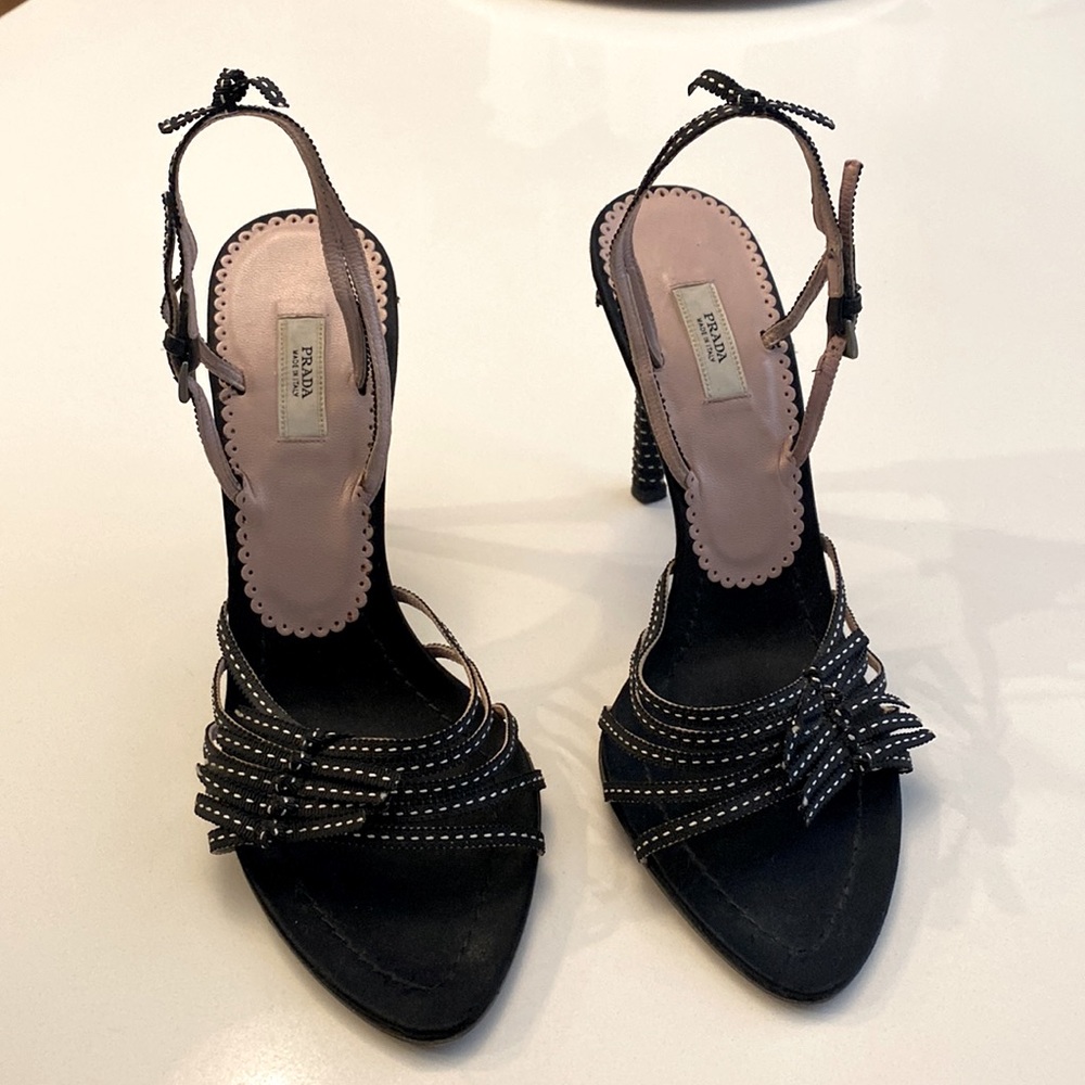 Prada.  Black & white ribbon shoes